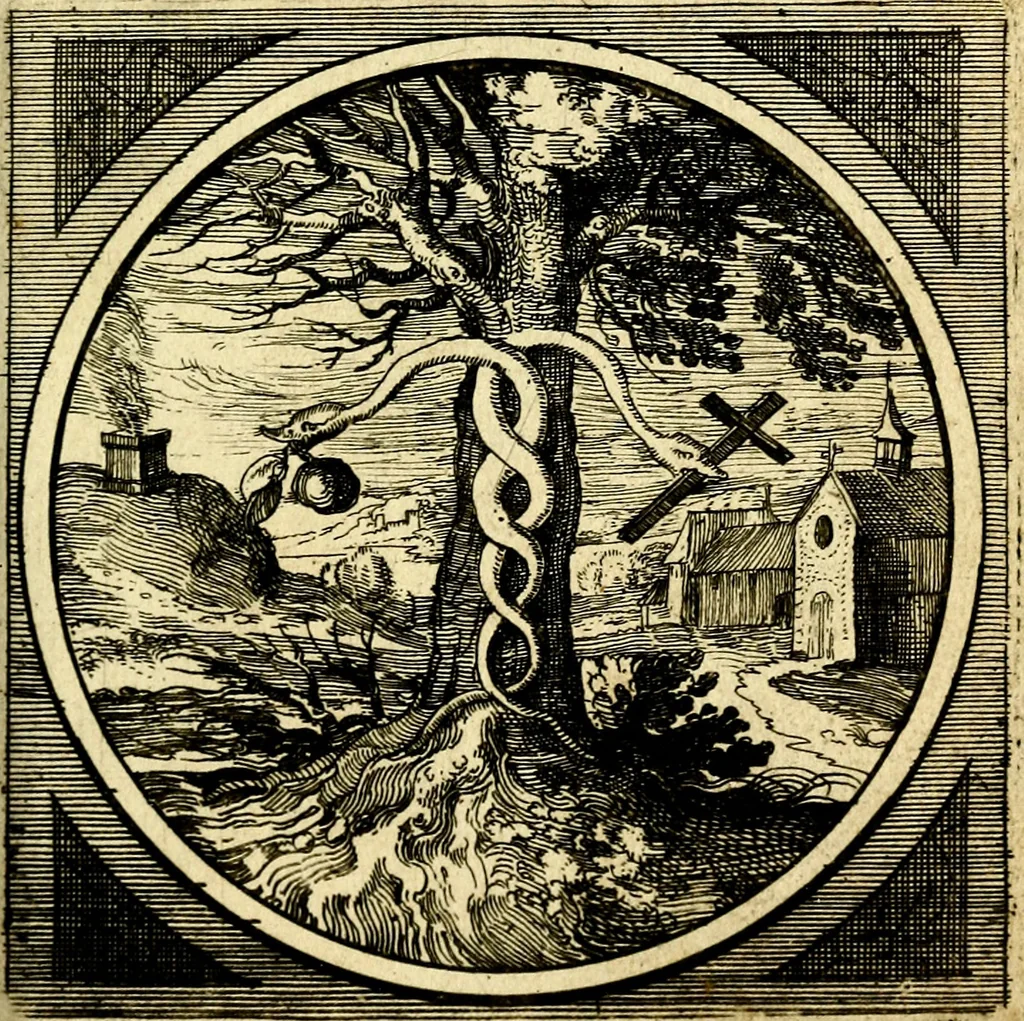 An illustration from Emblemata moralia nova, das ist: achtzig Sinnreiche nachdenckliche Figuren auss heyliger Schrifft in Kupfferstücken fürgestellet, worinnen schöne Anweisungen zu wahrer Gottesforcht begrieffen ... mit Lateinischen und Teutschen, nachmals aber von M.C.R. mit Frantzösischen und Italianischen Versen erkläret .., 1630, leaf 190