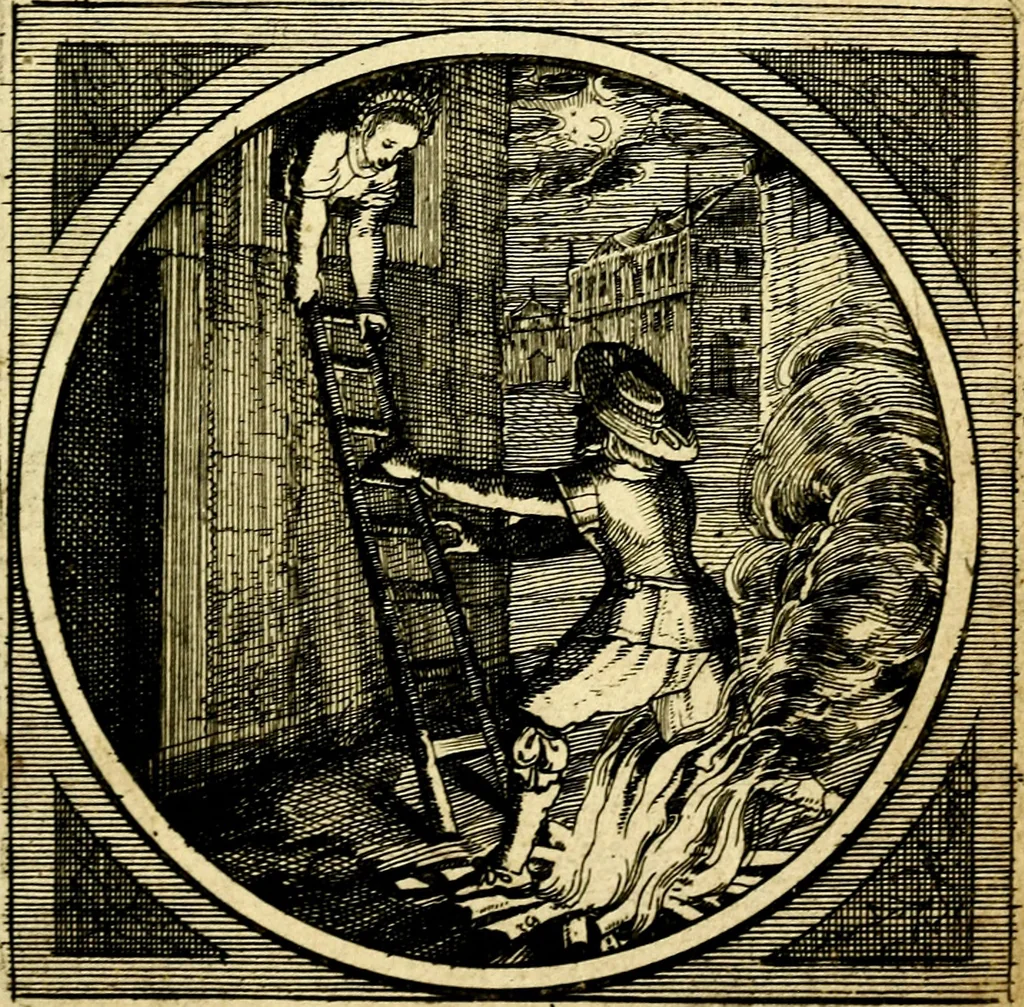 An illustration from Emblemata moralia nova, das ist: achtzig Sinnreiche nachdenckliche Figuren auss heyliger Schrifft in Kupfferstücken fürgestellet, worinnen schöne Anweisungen zu wahrer Gottesforcht begrieffen ... mit Lateinischen und Teutschen, nachmals aber von M.C.R. mit Frantzösischen und Italianischen Versen erkläret .., 1630, leaf 206