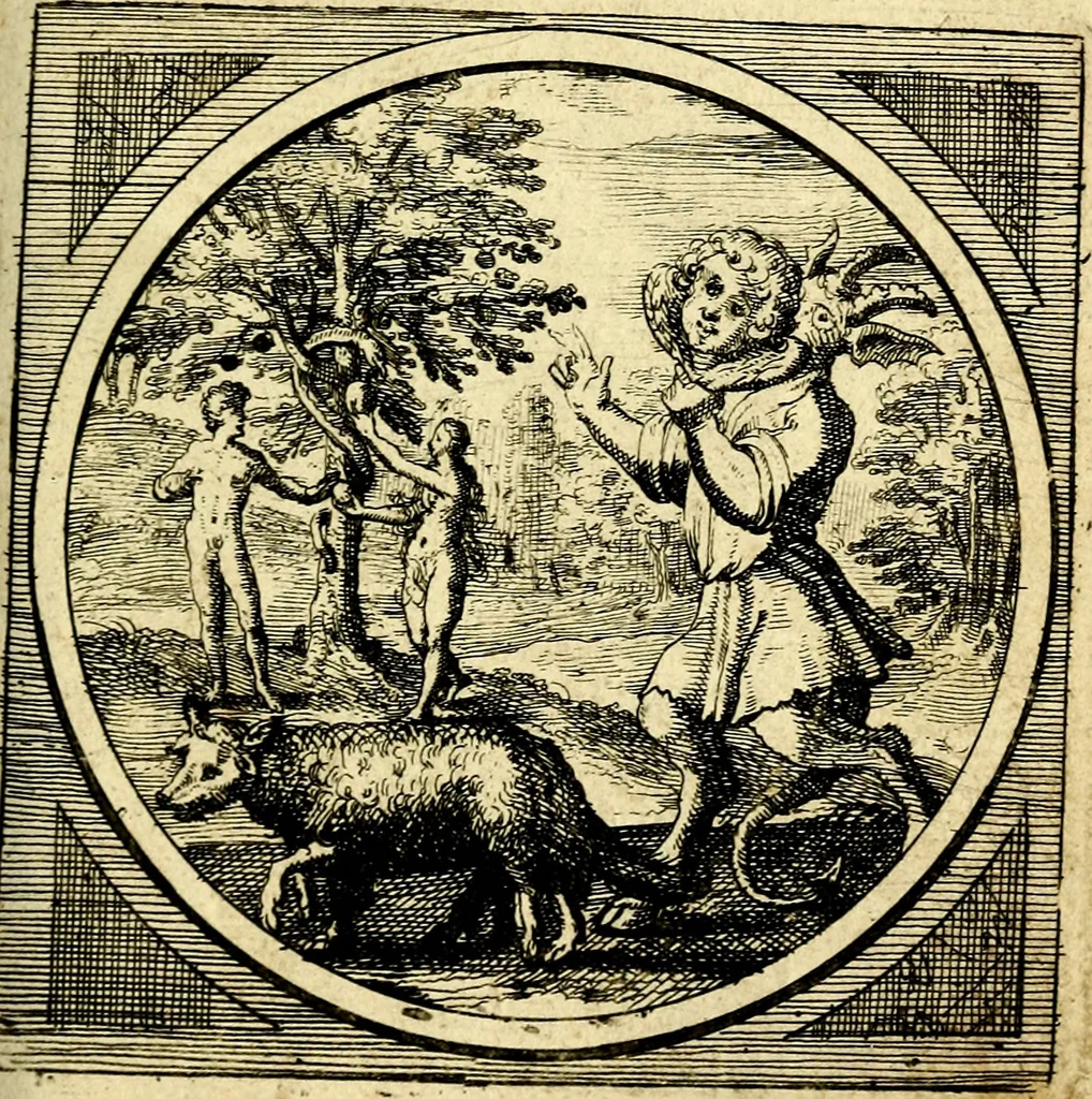 An illustration from Emblemata moralia nova, das ist: achtzig Sinnreiche nachdenckliche Figuren auss heyliger Schrifft in Kupfferstücken fürgestellet, worinnen schöne Anweisungen zu wahrer Gottesforcht begrieffen ... mit Lateinischen und Teutschen, nachmals aber von M.C.R. mit Frantzösischen und Italianischen Versen erkläret .., 1630, leaf 218