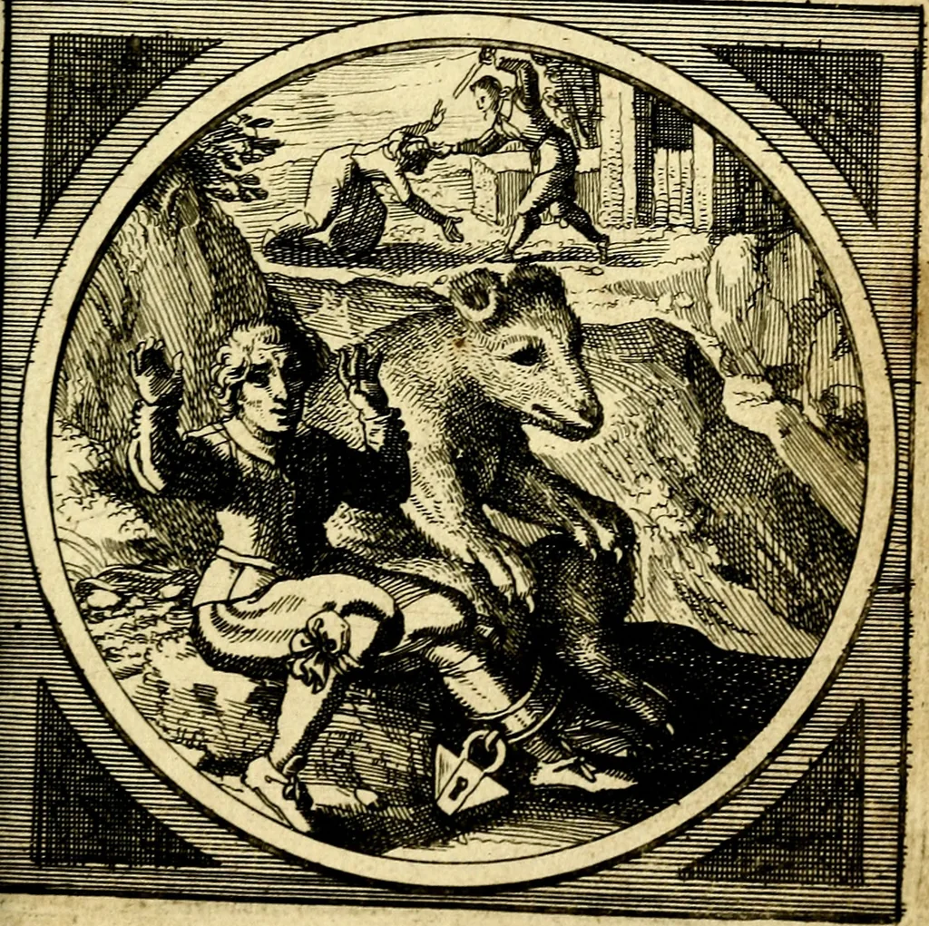 An illustration from Emblemata moralia nova, das ist: achtzig Sinnreiche nachdenckliche Figuren auss heyliger Schrifft in Kupfferstücken fürgestellet, worinnen schöne Anweisungen zu wahrer Gottesforcht begrieffen ... mit Lateinischen und Teutschen, nachmals aber von M.C.R. mit Frantzösischen und Italianischen Versen erkläret .., 1630, leaf 222