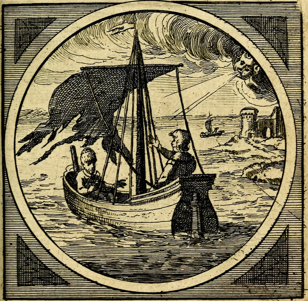 An illustration from Emblemata moralia nova, das ist: achtzig Sinnreiche nachdenckliche Figuren auss heyliger Schrifft in Kupfferstücken fürgestellet, worinnen schöne Anweisungen zu wahrer Gottesforcht begrieffen ... mit Lateinischen und Teutschen, nachmals aber von M.C.R. mit Frantzösischen und Italianischen Versen erkläret .., 1630, leaf 238