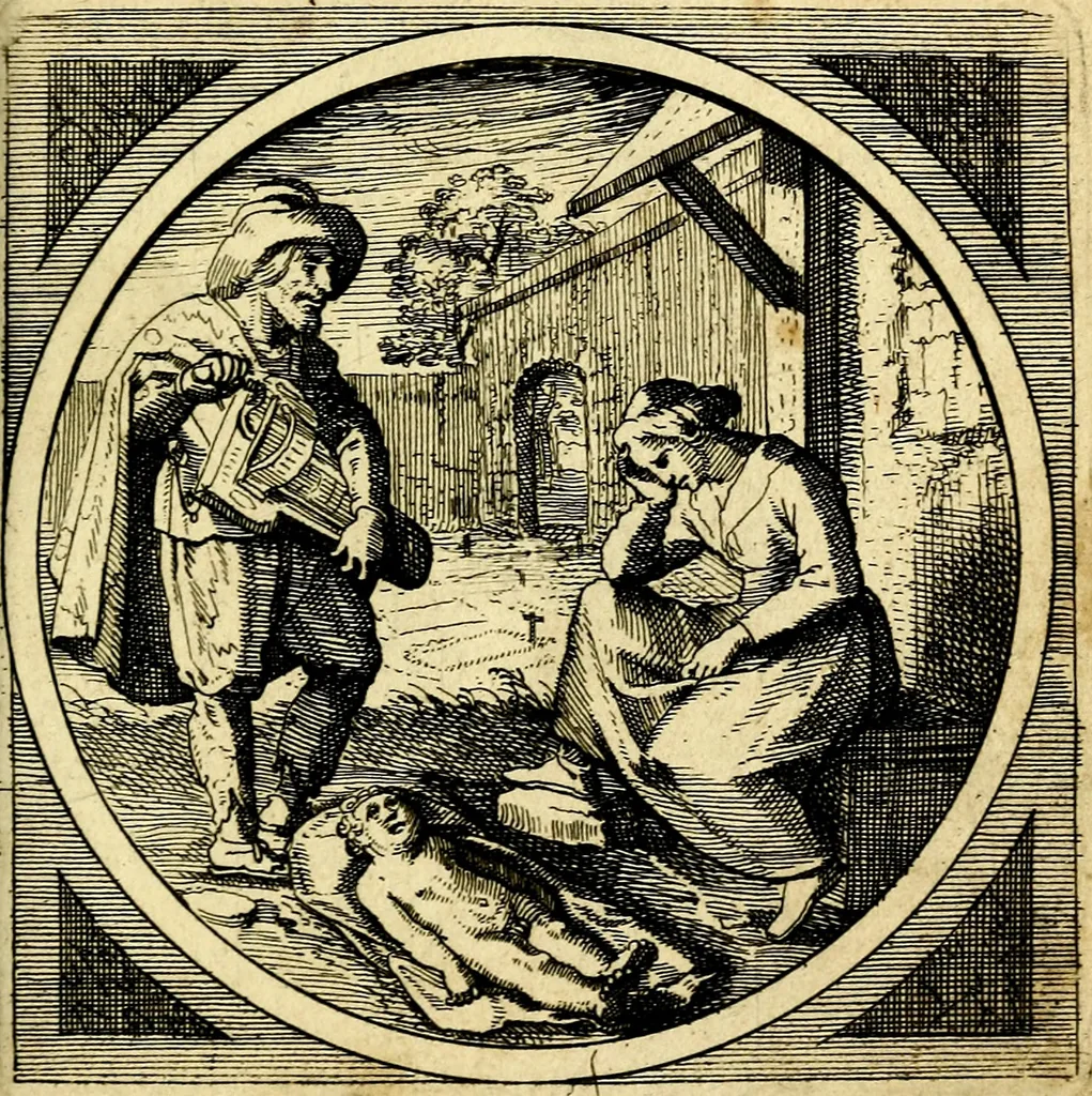 An illustration from Emblemata moralia nova, das ist: achtzig Sinnreiche nachdenckliche Figuren auss heyliger Schrifft in Kupfferstücken fürgestellet, worinnen schöne Anweisungen zu wahrer Gottesforcht begrieffen ... mit Lateinischen und Teutschen, nachmals aber von M.C.R. mit Frantzösischen und Italianischen Versen erkläret .., 1630, leaf 246
