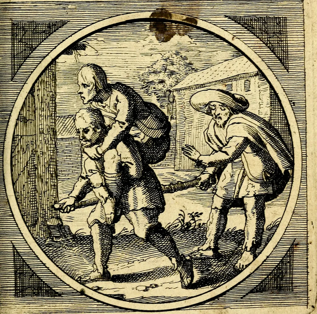 An illustration from Emblemata moralia nova, das ist: achtzig Sinnreiche nachdenckliche Figuren auss heyliger Schrifft in Kupfferstücken fürgestellet, worinnen schöne Anweisungen zu wahrer Gottesforcht begrieffen ... mit Lateinischen und Teutschen, nachmals aber von M.C.R. mit Frantzösischen und Italianischen Versen erkläret .., 1630, leaf 250