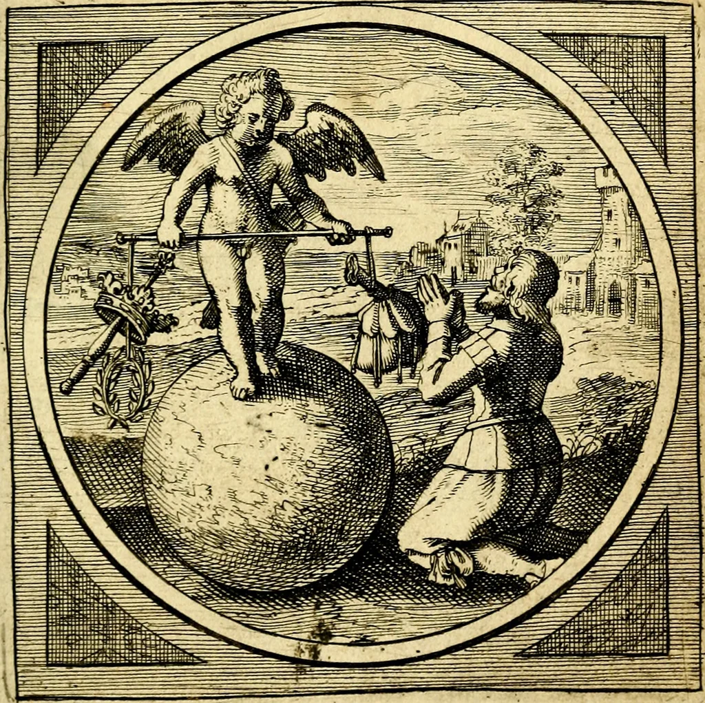 An illustration from Emblemata moralia nova, das ist: achtzig Sinnreiche nachdenckliche Figuren auss heyliger Schrifft in Kupfferstücken fürgestellet, worinnen schöne Anweisungen zu wahrer Gottesforcht begrieffen ... mit Lateinischen und Teutschen, nachmals aber von M.C.R. mit Frantzösischen und Italianischen Versen erkläret .., 1630, leaf 258
