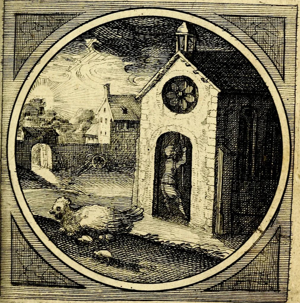 An illustration from Emblemata moralia nova, das ist: achtzig Sinnreiche nachdenckliche Figuren auss heyliger Schrifft in Kupfferstücken fürgestellet, worinnen schöne Anweisungen zu wahrer Gottesforcht begrieffen ... mit Lateinischen und Teutschen, nachmals aber von M.C.R. mit Frantzösischen und Italianischen Versen erkläret .., 1630, leaf 262