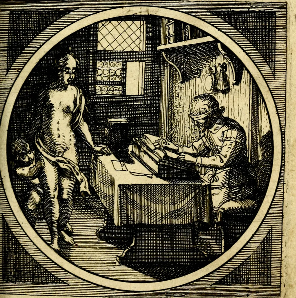 An illustration from Emblemata moralia nova, das ist: achtzig Sinnreiche nachdenckliche Figuren auss heyliger Schrifft in Kupfferstücken fürgestellet, worinnen schöne Anweisungen zu wahrer Gottesforcht begrieffen ... mit Lateinischen und Teutschen, nachmals aber von M.C.R. mit Frantzösischen und Italianischen Versen erkläret .., 1630, leaf 266