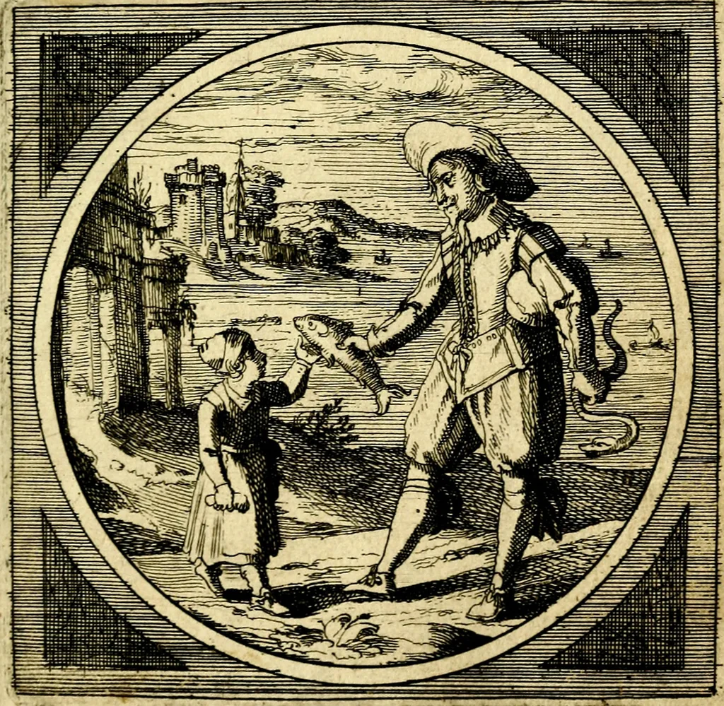 An illustration from Emblemata moralia nova, das ist: achtzig Sinnreiche nachdenckliche Figuren auss heyliger Schrifft in Kupfferstücken fürgestellet, worinnen schöne Anweisungen zu wahrer Gottesforcht begrieffen ... mit Lateinischen und Teutschen, nachmals aber von M.C.R. mit Frantzösischen und Italianischen Versen erkläret .., 1630, leaf 274