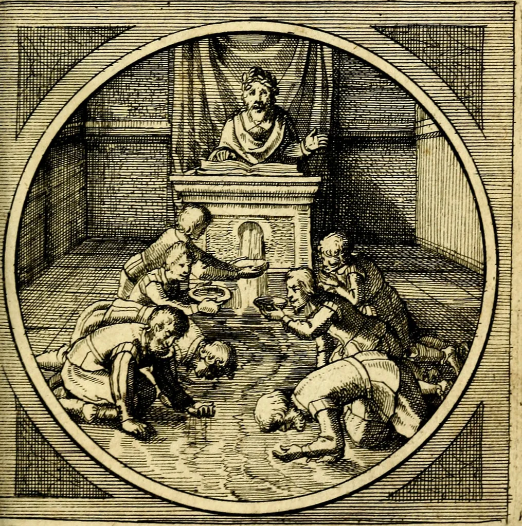 An illustration from Emblemata moralia nova, das ist: achtzig Sinnreiche nachdenckliche Figuren auss heyliger Schrifft in Kupfferstücken fürgestellet, worinnen schöne Anweisungen zu wahrer Gottesforcht begrieffen ... mit Lateinischen und Teutschen, nachmals aber von M.C.R. mit Frantzösischen und Italianischen Versen erkläret .., 1630, leaf 278
