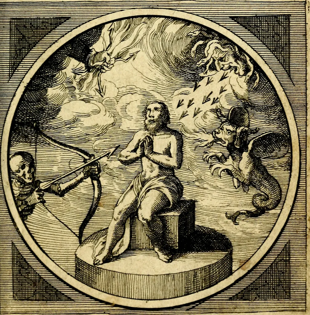An illustration from Emblemata moralia nova, das ist: achtzig Sinnreiche nachdenckliche Figuren auss heyliger Schrifft in Kupfferstücken fürgestellet, worinnen schöne Anweisungen zu wahrer Gottesforcht begrieffen ... mit Lateinischen und Teutschen, nachmals aber von M.C.R. mit Frantzösischen und Italianischen Versen erkläret .., 1630, leaf 282
