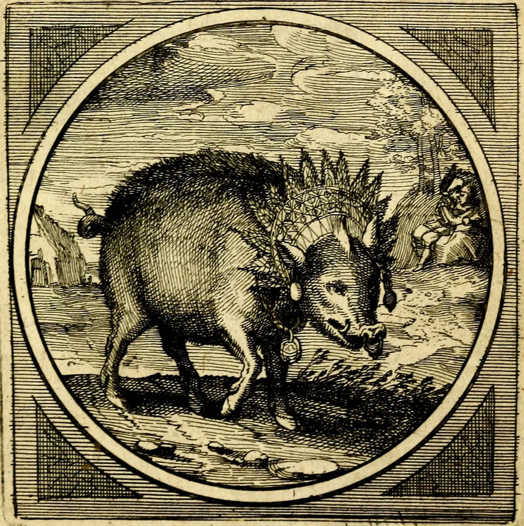 An illustration from Emblemata moralia nova, das ist: achtzig Sinnreiche nachdenckliche Figuren auss heyliger Schrifft in Kupfferstücken fürgestellet, worinnen schöne Anweisungen zu wahrer Gottesforcht begrieffen ... mit Lateinischen und Teutschen, nachmals aber von M.C.R. mit Frantzösischen und Italianischen Versen erkläret .., 1630, leaf 286