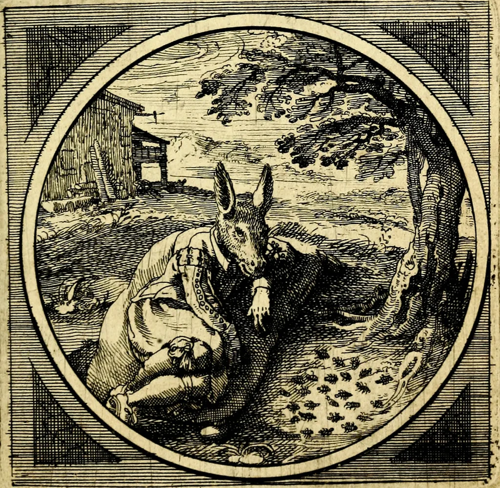 An illustration from Emblemata moralia nova, das ist: achtzig Sinnreiche nachdenckliche Figuren auss heyliger Schrifft in Kupfferstücken fürgestellet, worinnen schöne Anweisungen zu wahrer Gottesforcht begrieffen ... mit Lateinischen und Teutschen, nachmals aber von M.C.R. mit Frantzösischen und Italianischen Versen erkläret .., 1630, leaf 294