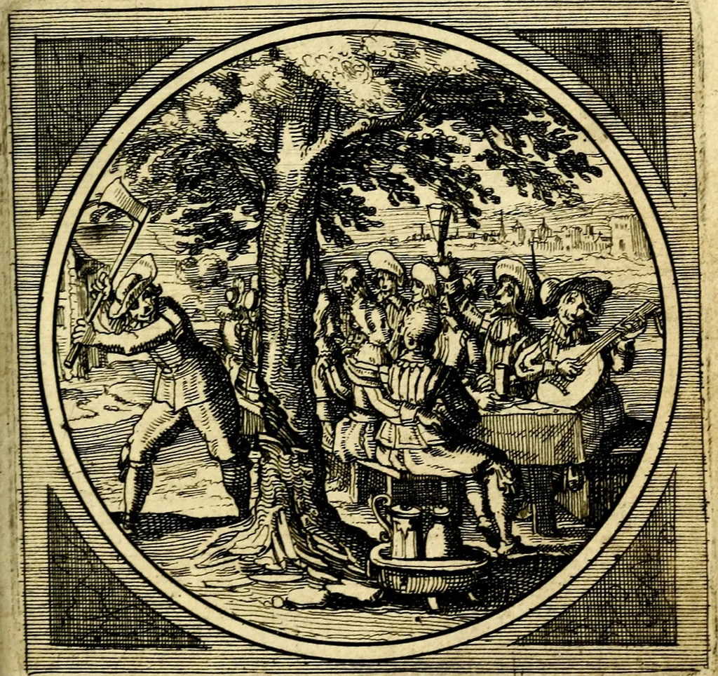 An illustration from Emblemata moralia nova, das ist: achtzig Sinnreiche nachdenckliche Figuren auss heyliger Schrifft in Kupfferstücken fürgestellet, worinnen schöne Anweisungen zu wahrer Gottesforcht begrieffen ... mit Lateinischen und Teutschen, nachmals aber von M.C.R. mit Frantzösischen und Italianischen Versen erkläret .., 1630, leaf 298