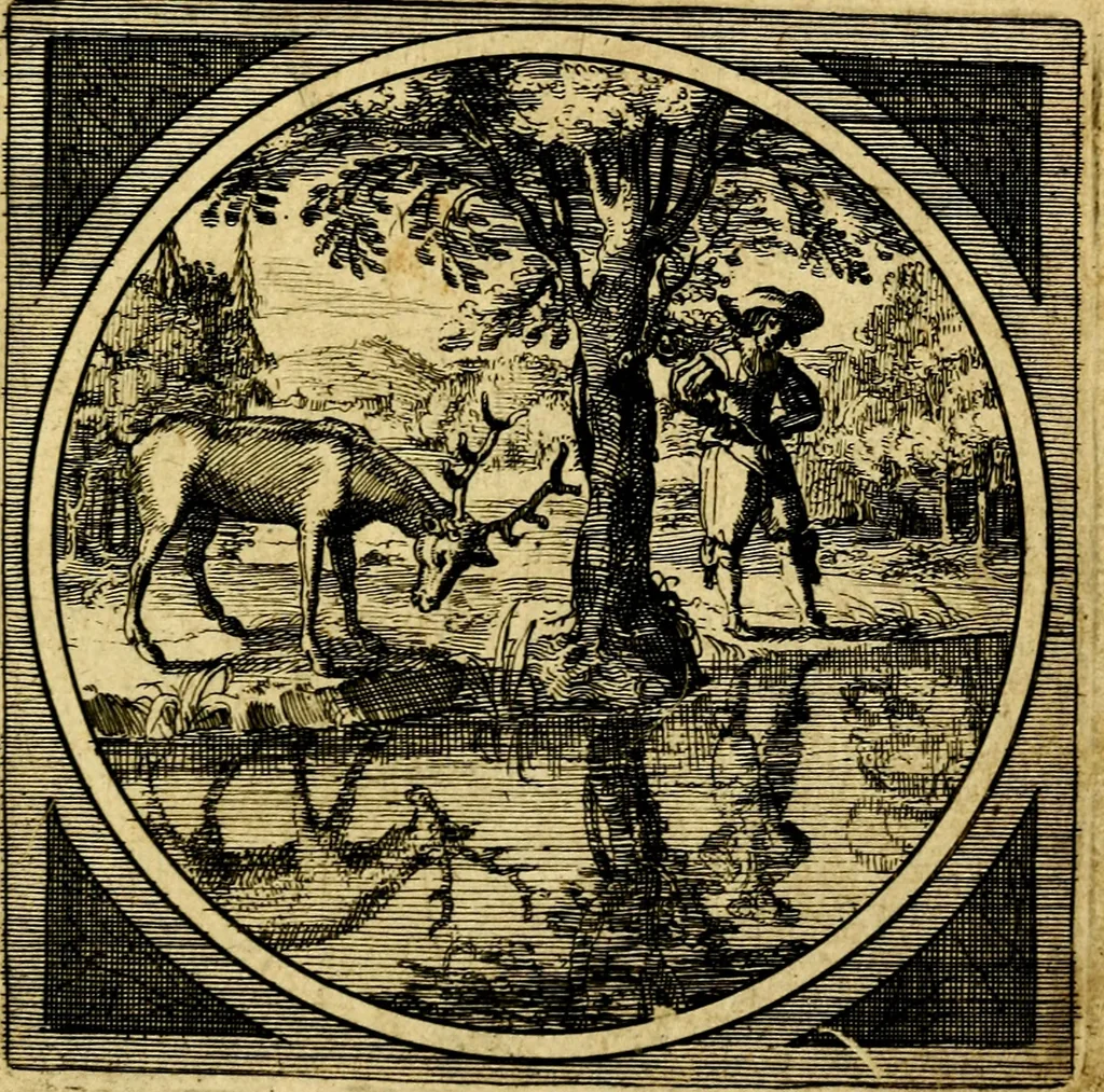 An illustration from Emblemata moralia nova, das ist: achtzig Sinnreiche nachdenckliche Figuren auss heyliger Schrifft in Kupfferstücken fürgestellet, worinnen schöne Anweisungen zu wahrer Gottesforcht begrieffen ... mit Lateinischen und Teutschen, nachmals aber von M.C.R. mit Frantzösischen und Italianischen Versen erkläret .., 1630, leaf 318