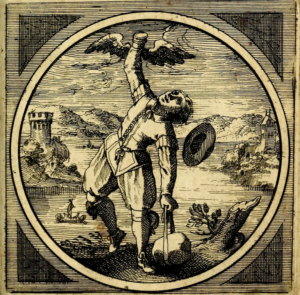 An illustration from Emblemata moralia nova, das ist: achtzig Sinnreiche nachdenckliche Figuren auss heyliger Schrifft in Kupfferstücken fürgestellet, worinnen schöne Anweisungen zu wahrer Gottesforcht begrieffen ... mit Lateinischen und Teutschen, nachmals aber von M.C.R. mit Frantzösischen und Italianischen Versen erkläret .., 1630, leaf 326