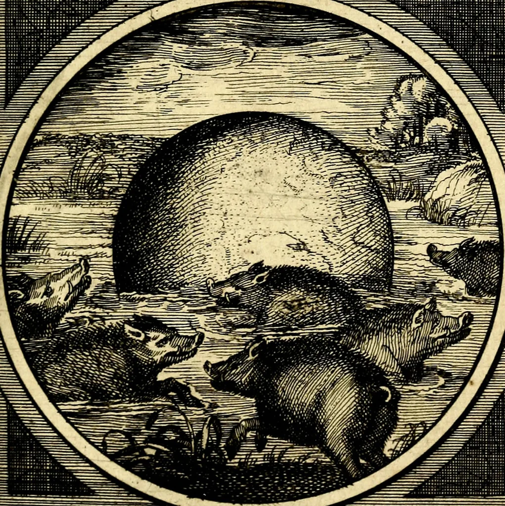 An illustration from Emblemata moralia nova, das ist: achtzig Sinnreiche nachdenckliche Figuren auss heyliger Schrifft in Kupfferstücken fürgestellet, worinnen schöne Anweisungen zu wahrer Gottesforcht begrieffen ... mit Lateinischen und Teutschen, nachmals aber von M.C.R. mit Frantzösischen und Italianischen Versen erkläret .., 1630, leaf 330