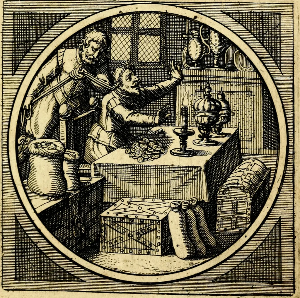 An illustration from Emblemata moralia nova, das ist: achtzig Sinnreiche nachdenckliche Figuren auss heyliger Schrifft in Kupfferstücken fürgestellet, worinnen schöne Anweisungen zu wahrer Gottesforcht begrieffen ... mit Lateinischen und Teutschen, nachmals aber von M.C.R. mit Frantzösischen und Italianischen Versen erkläret .., 1630, leaf 334