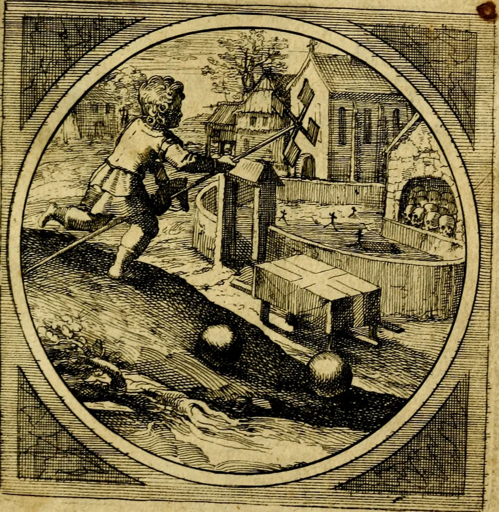 An illustration from Emblemata moralia nova, das ist: achtzig Sinnreiche nachdenckliche Figuren auss heyliger Schrifft in Kupfferstücken fürgestellet, worinnen schöne Anweisungen zu wahrer Gottesforcht begrieffen ... mit Lateinischen und Teutschen, nachmals aber von M.C.R. mit Frantzösischen und Italianischen Versen erkläret .., 1630, leaf 354