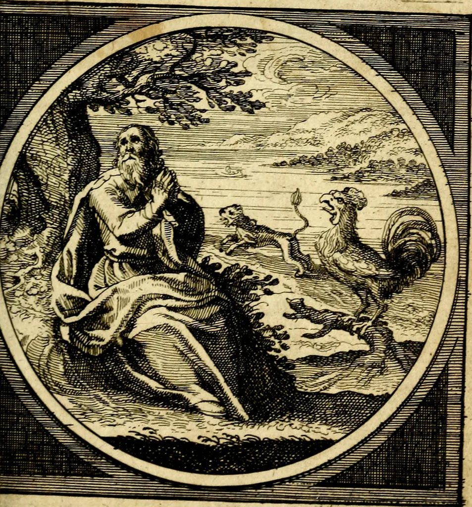 An illustration from Emblemata moralia nova, das ist: achtzig Sinnreiche nachdenckliche Figuren auss heyliger Schrifft in Kupfferstücken fürgestellet, worinnen schöne Anweisungen zu wahrer Gottesforcht begrieffen ... mit Lateinischen und Teutschen, nachmals aber von M.C.R. mit Frantzösischen und Italianischen Versen erkläret .., 1630, leaf 66