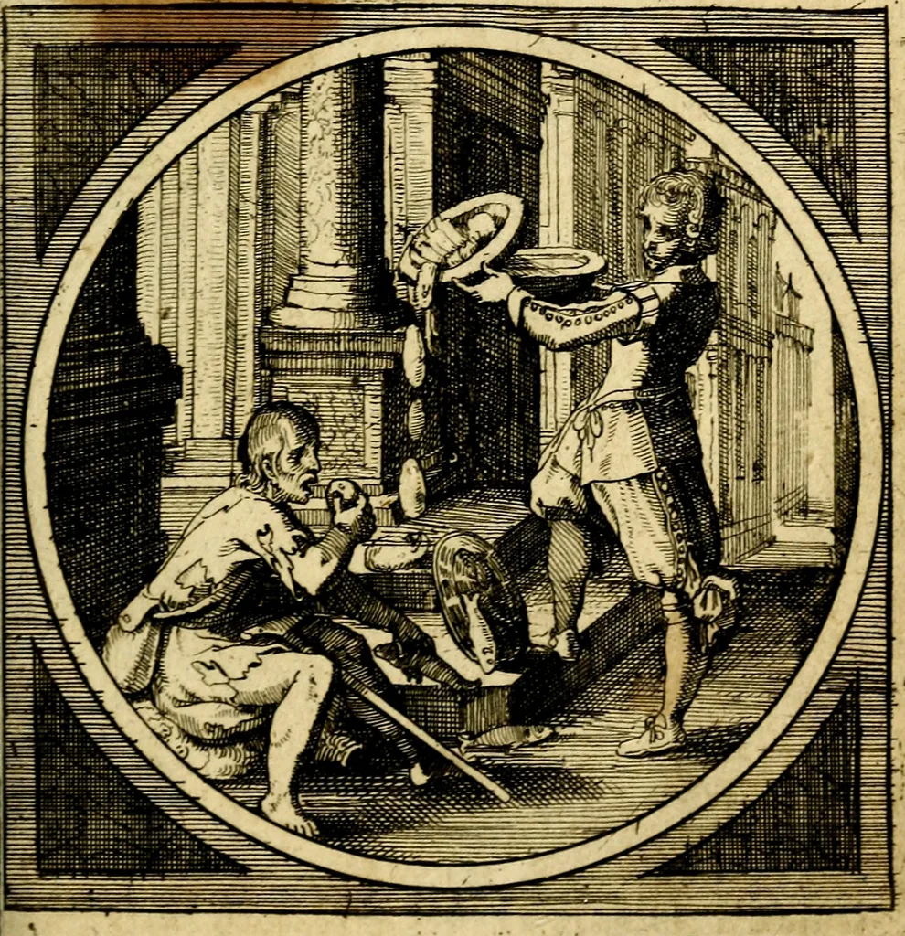 An illustration from Emblemata moralia nova, das ist: achtzig Sinnreiche nachdenckliche Figuren auss heyliger Schrifft in Kupfferstücken fürgestellet, worinnen schöne Anweisungen zu wahrer Gottesforcht begrieffen ... mit Lateinischen und Teutschen, nachmals aber von M.C.R. mit Frantzösischen und Italianischen Versen erkläret .., 1630, leaf 70