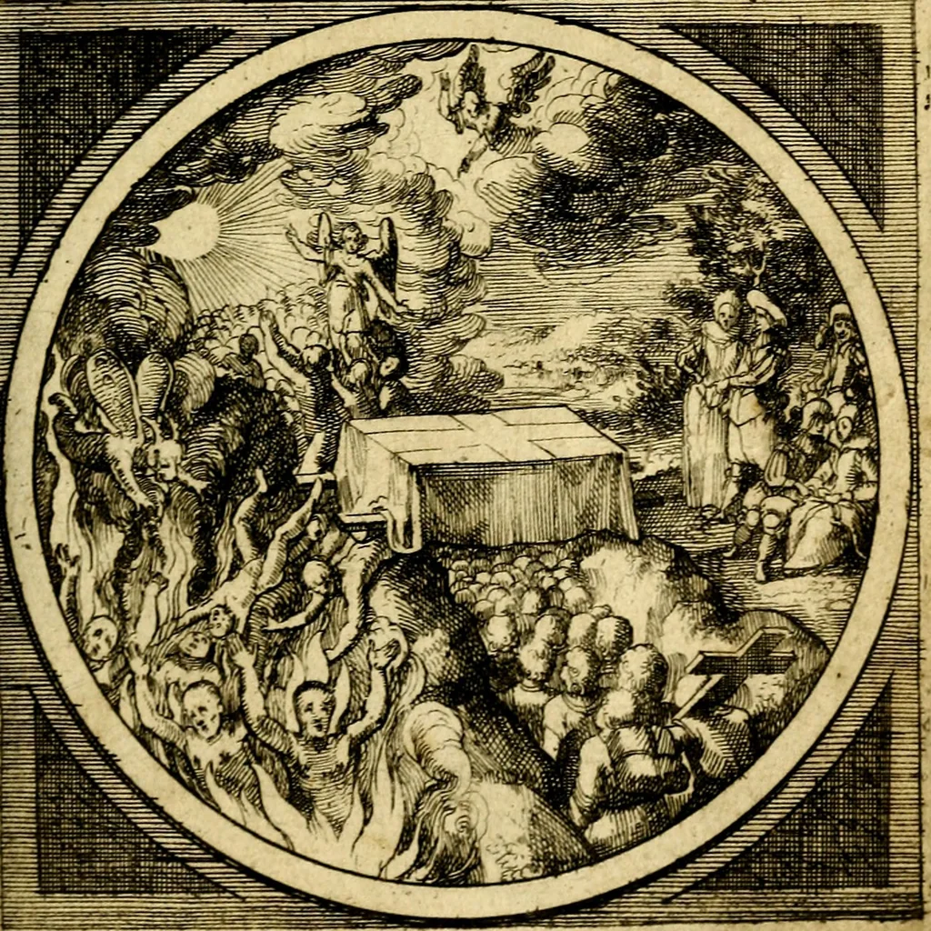 An illustration from Emblemata moralia nova, das ist: achtzig Sinnreiche nachdenckliche Figuren auss heyliger Schrifft in Kupfferstücken fürgestellet, worinnen schöne Anweisungen zu wahrer Gottesforcht begrieffen ... mit Lateinischen und Teutschen, nachmals aber von M.C.R. mit Frantzösischen und Italianischen Versen erkläret .., 1630, leaf 74