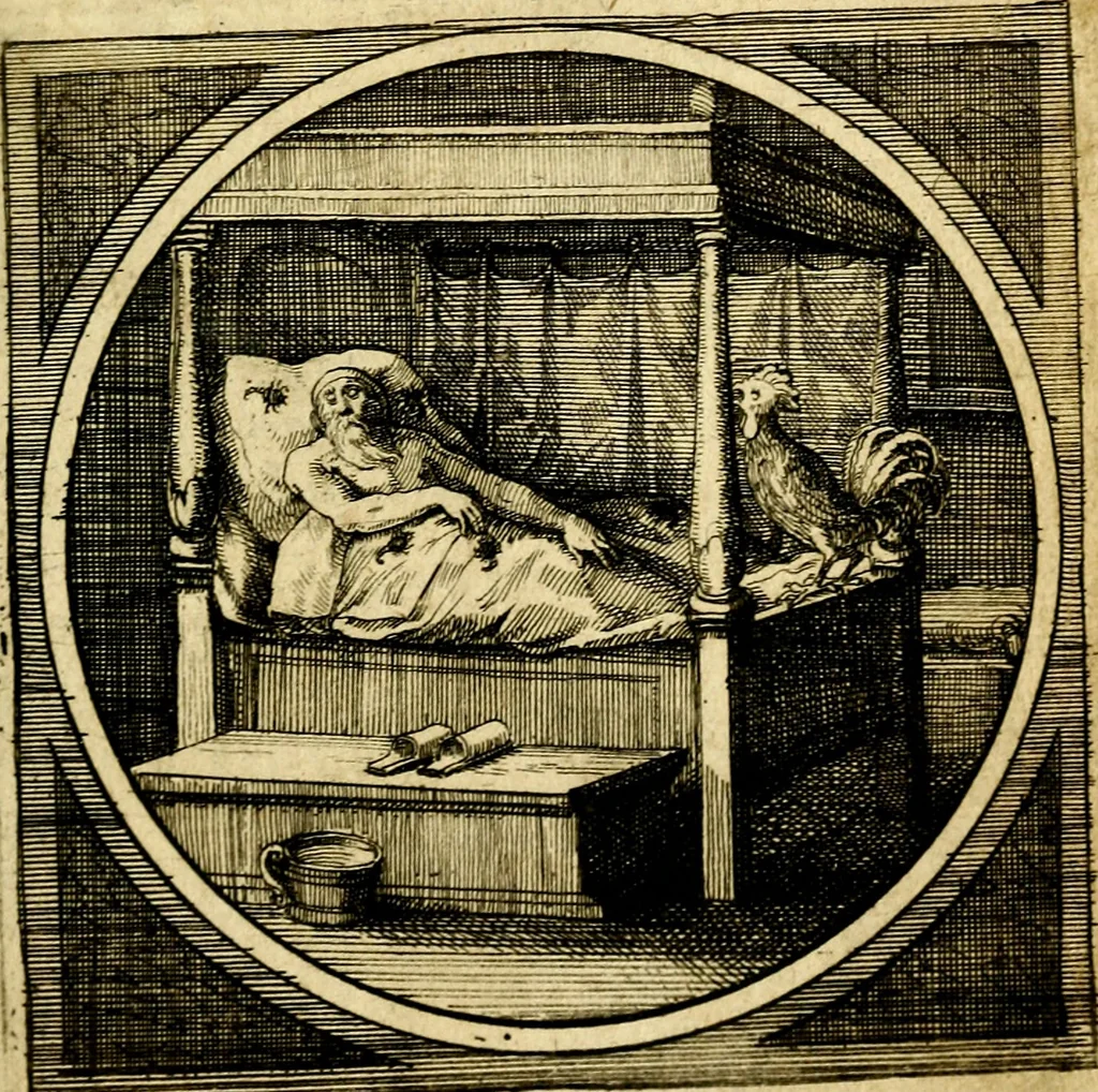 An illustration from Emblemata moralia nova, das ist: achtzig Sinnreiche nachdenckliche Figuren auss heyliger Schrifft in Kupfferstücken fürgestellet, worinnen schöne Anweisungen zu wahrer Gottesforcht begrieffen ... mit Lateinischen und Teutschen, nachmals aber von M.C.R. mit Frantzösischen und Italianischen Versen erkläret .., 1630, leaf 82