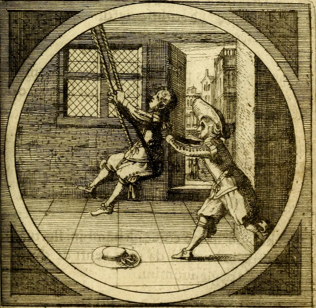 An illustration from Emblemata moralia nova, das ist: achtzig Sinnreiche nachdenckliche Figuren auss heyliger Schrifft in Kupfferstücken fürgestellet, worinnen schöne Anweisungen zu wahrer Gottesforcht begrieffen ... mit Lateinischen und Teutschen, nachmals aber von M.C.R. mit Frantzösischen und Italianischen Versen erkläret .., 1630, leaf 90