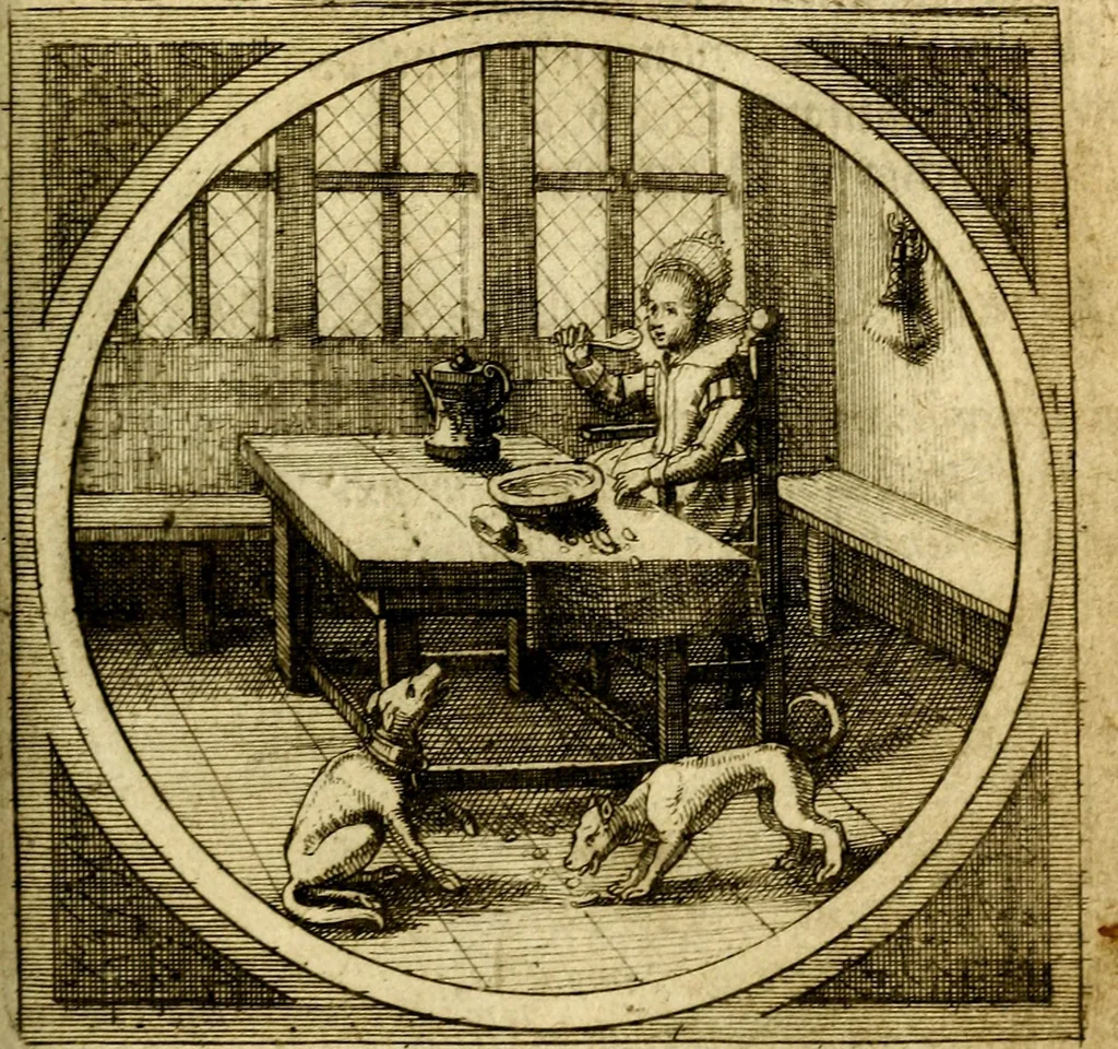 An illustration from Emblemata moralia nova, das ist: achtzig Sinnreiche nachdenckliche Figuren auss heyliger Schrifft in Kupfferstücken fürgestellet, worinnen schöne Anweisungen zu wahrer Gottesforcht begrieffen ... mit Lateinischen und Teutschen, nachmals aber von M.C.R. mit Frantzösischen und Italianischen Versen erkläret .., 1630, leaf 98