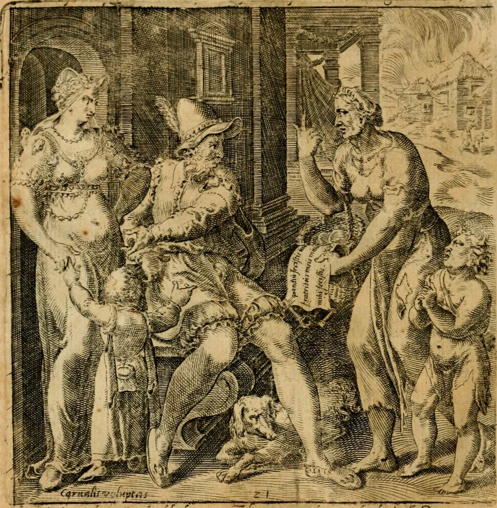 An illustration from Emblemata moralia et oeconomica de rerum usu et abusu, 1609, leaf 45