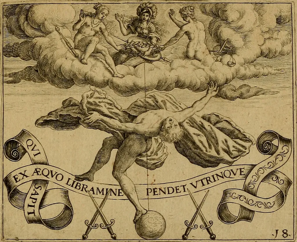 An illustration from Emblemata nobilitati et vulgo scitu digna : singulis historijs symbola adscripta & elegantes versus historiam explica[n]tes : accessit galearu[m] expositio, & disceptatio de origine nobilitatis, 1592, leaf 184