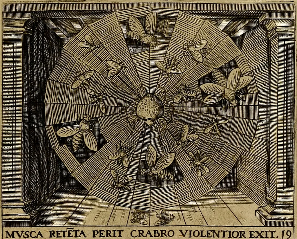 An illustration from Emblemata nobilitati et vulgo scitu digna : singulis historijs symbola adscripta & elegantes versus historiam explica[n]tes : accessit galearu[m] expositio, & disceptatio de origine nobilitatis, 1592, leaf 192