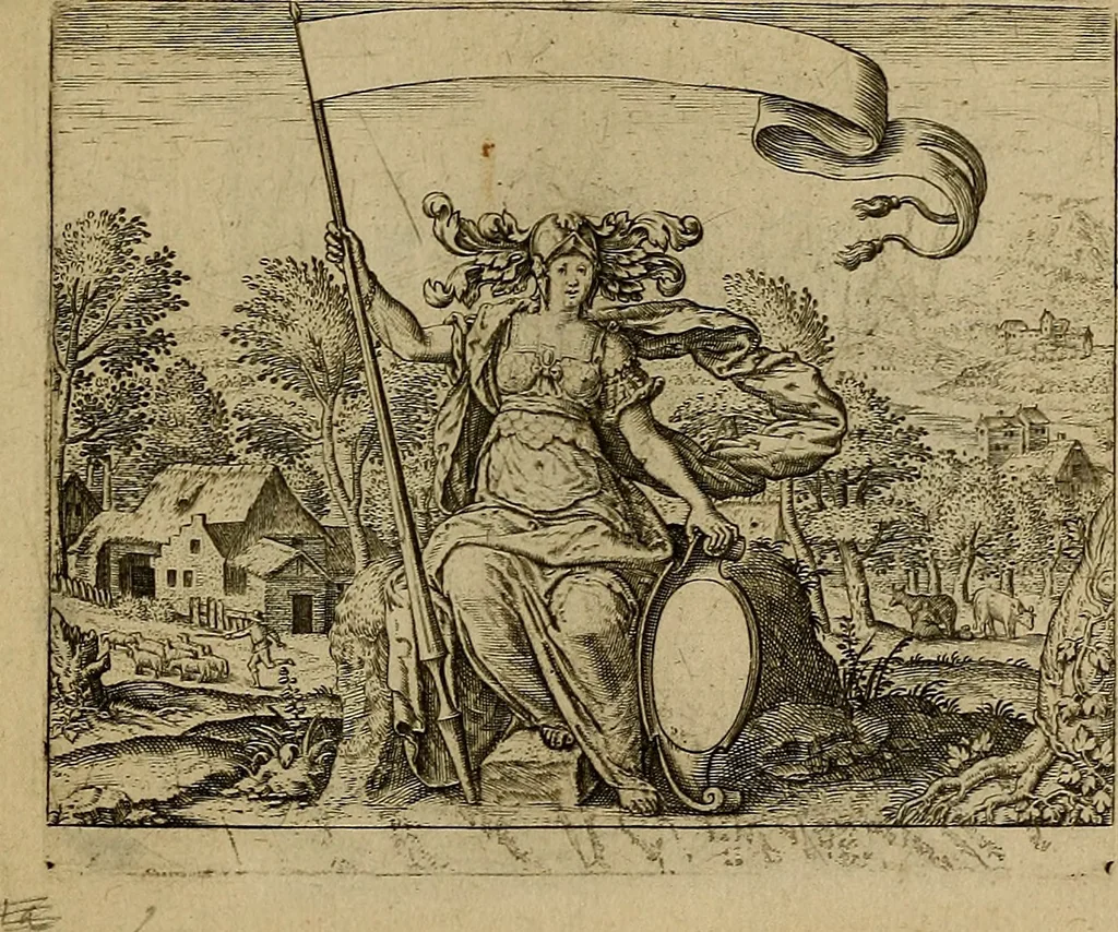 An illustration from Emblemata nobilitati et vulgo scitu digna : singulis historijs symbola adscripta & elegantes versus historiam explica[n]tes : accessit galearu[m] expositio, & disceptatio de origine nobilitatis, 1592, leaf 44