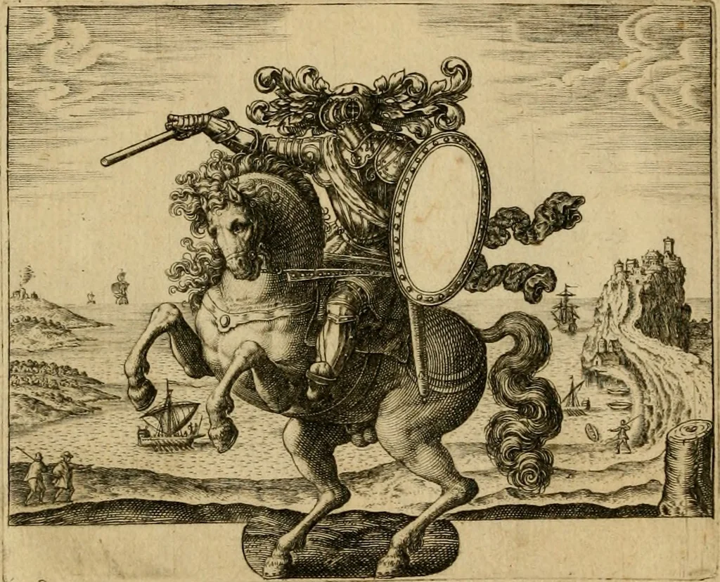 An illustration from Emblemata nobilitati et vulgo scitu digna : singulis historijs symbola adscripta & elegantes versus historiam explica[n]tes : accessit galearu[m] expositio, & disceptatio de origine nobilitatis, 1592, leaf 63