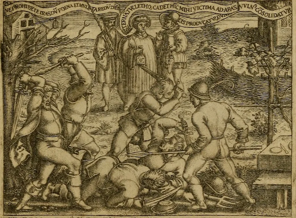 An illustration from Emblemata nobilitati et vulgo scitu digna : singulis historijs symbola adscripta & elegantes versus historiam explica[n]tes : accessit galearu[m] expositio, & disceptatio de origine nobilitatis, 1592, leaf 64