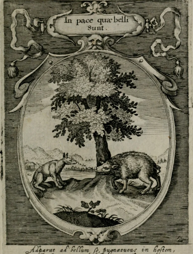 An illustration from Emblemata politica : in aula magna Curiæ Norinbergensis depicta : quæ sacra virtutum suggerunt monita prudenter administrandi fortiterque defendendi rempublicam, 1617, leaf 22