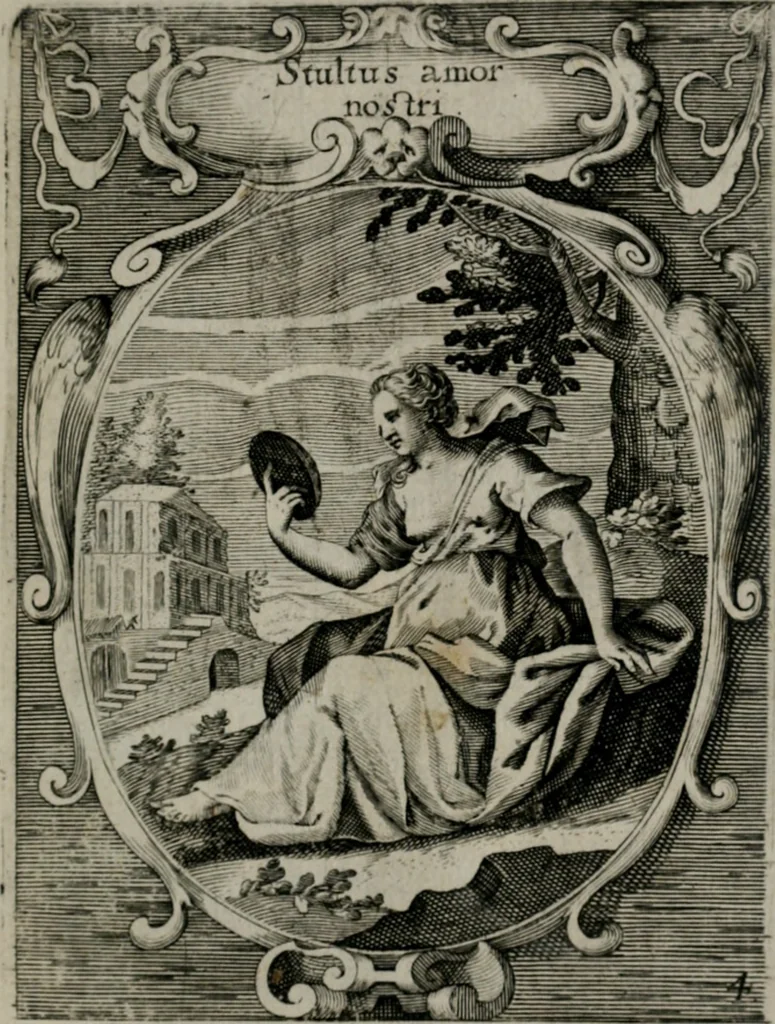 An illustration from Emblemata politica : in aula magna Curiæ Norinbergensis depicta : quæ sacra virtutum suggerunt monita prudenter administrandi fortiterque defendendi rempublicam, 1617, leaf 26