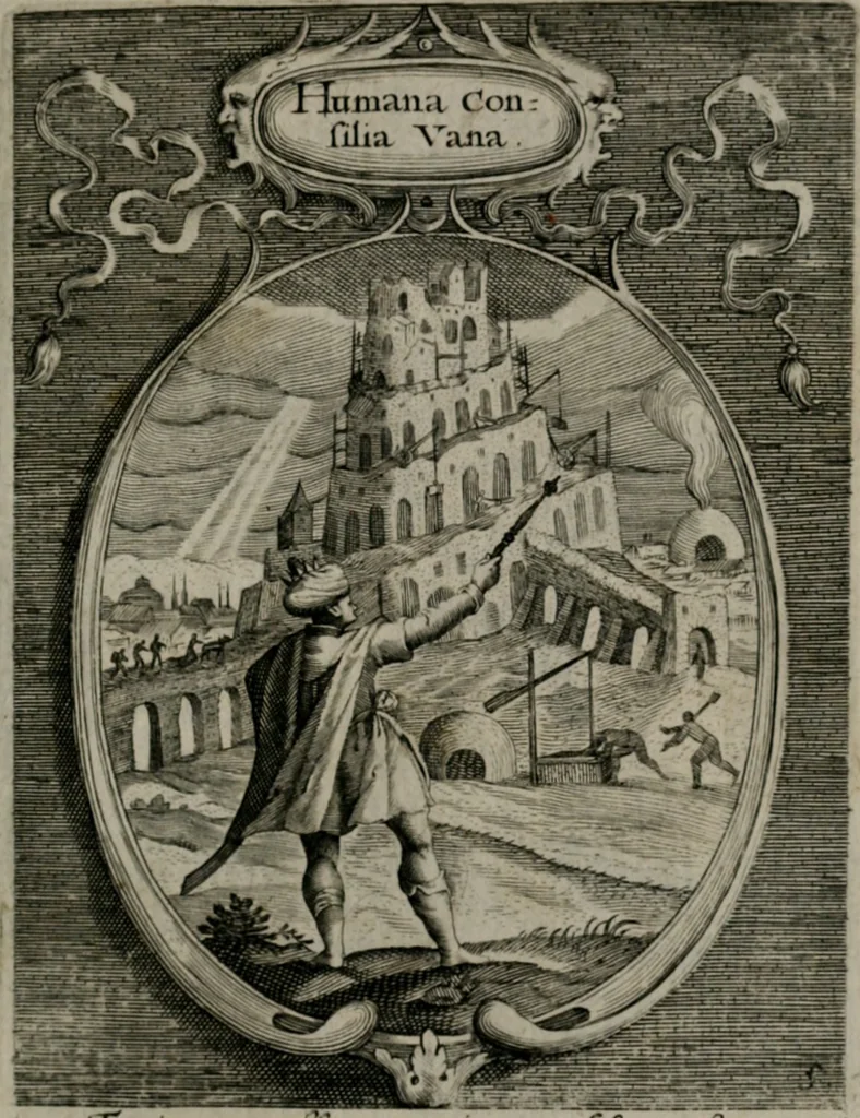 An illustration from Emblemata politica : in aula magna Curiæ Norinbergensis depicta : quæ sacra virtutum suggerunt monita prudenter administrandi fortiterque defendendi rempublicam, 1617, leaf 28