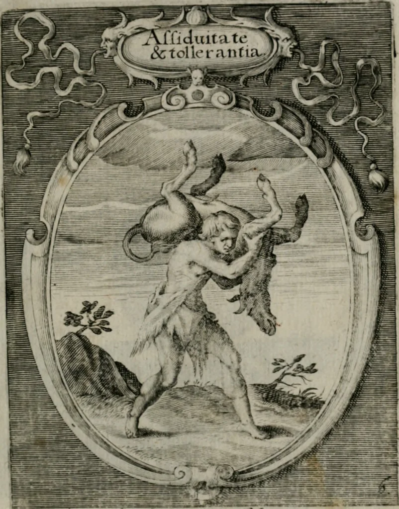 An illustration from Emblemata politica : in aula magna Curiæ Norinbergensis depicta : quæ sacra virtutum suggerunt monita prudenter administrandi fortiterque defendendi rempublicam, 1617, leaf 30