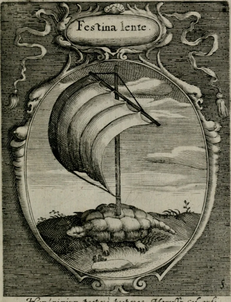 An illustration from Emblemata politica : in aula magna Curiæ Norinbergensis depicta : quæ sacra virtutum suggerunt monita prudenter administrandi fortiterque defendendi rempublicam, 1617, leaf 34