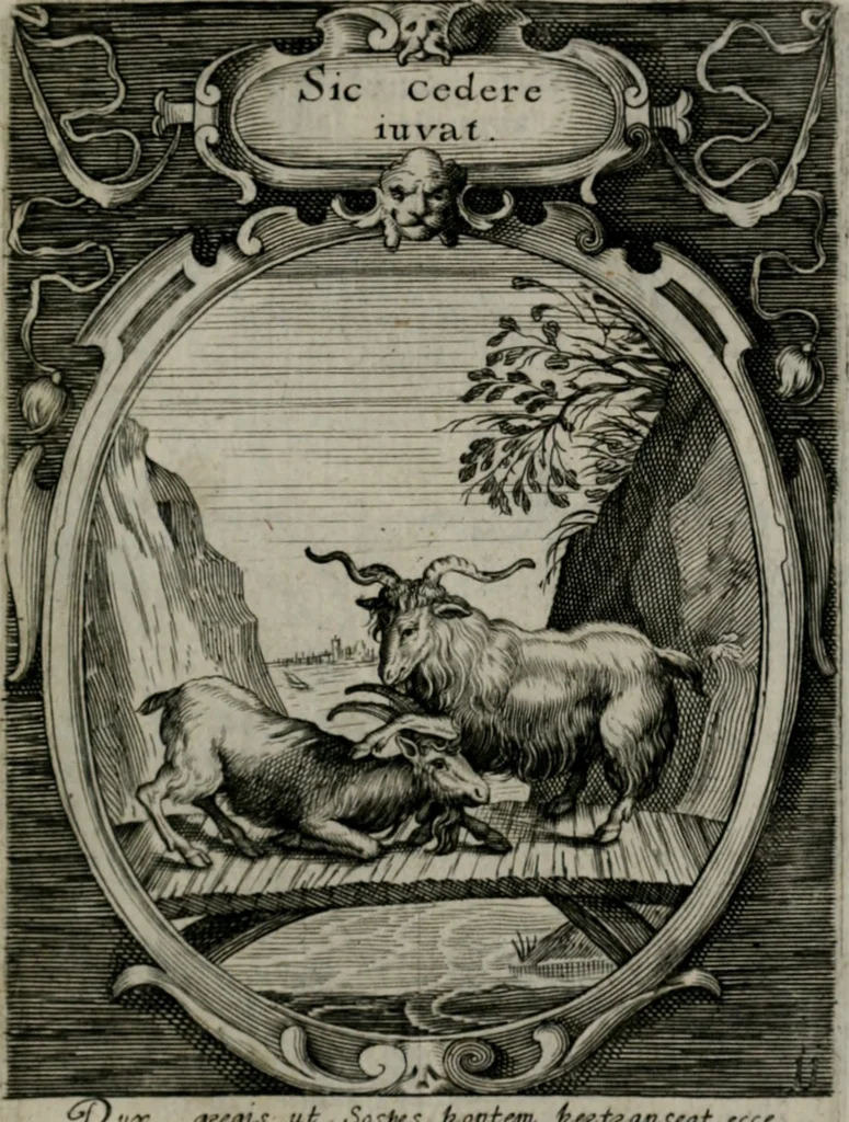 An illustration from Emblemata politica : in aula magna Curiæ Norinbergensis depicta : quæ sacra virtutum suggerunt monita prudenter administrandi fortiterque defendendi rempublicam, 1617, leaf 40