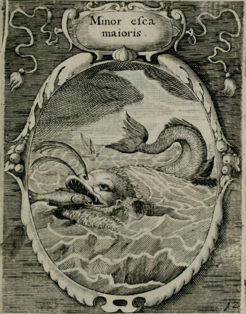 An illustration from Emblemata politica : in aula magna Curiæ Norinbergensis depicta : quæ sacra virtutum suggerunt monita prudenter administrandi fortiterque defendendi rempublicam, 1617, leaf 42