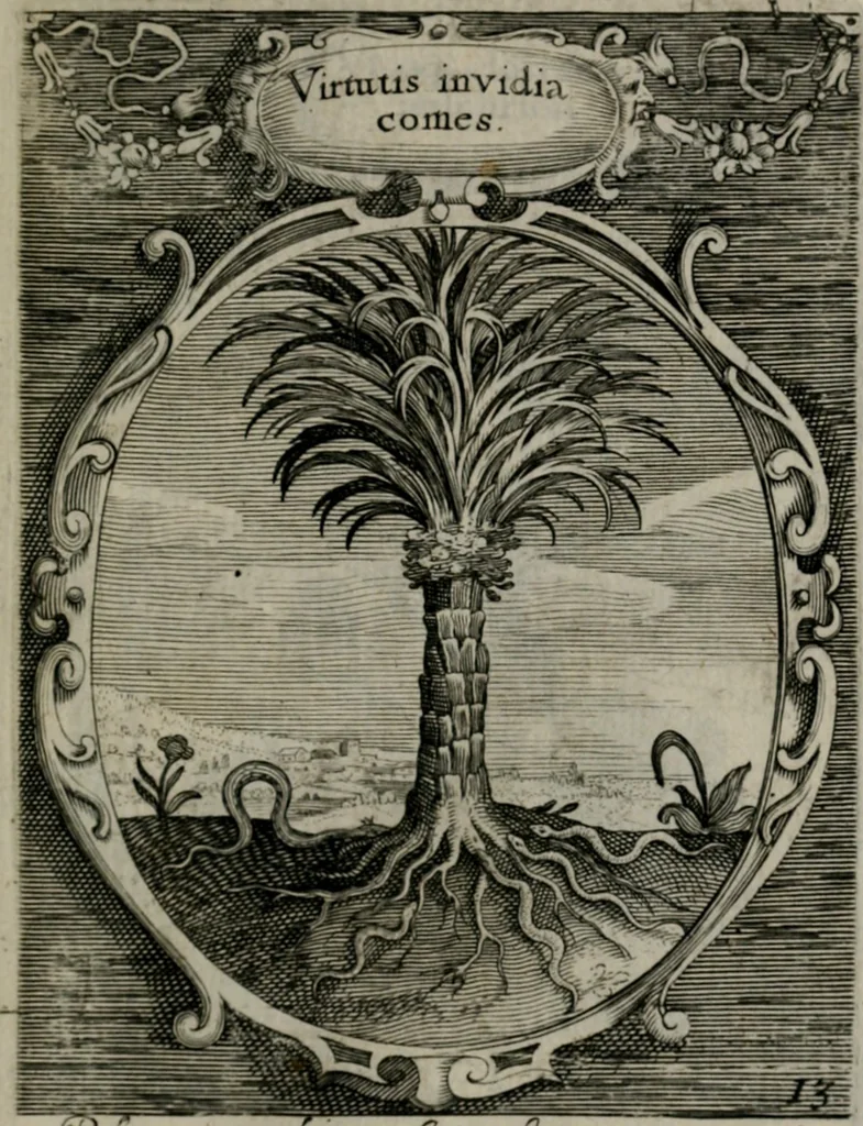 An illustration from Emblemata politica : in aula magna Curiæ Norinbergensis depicta : quæ sacra virtutum suggerunt monita prudenter administrandi fortiterque defendendi rempublicam, 1617, leaf 44