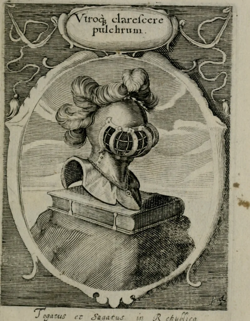 An illustration from Emblemata politica : in aula magna Curiæ Norinbergensis depicta : quæ sacra virtutum suggerunt monita prudenter administrandi fortiterque defendendi rempublicam, 1617, leaf 46