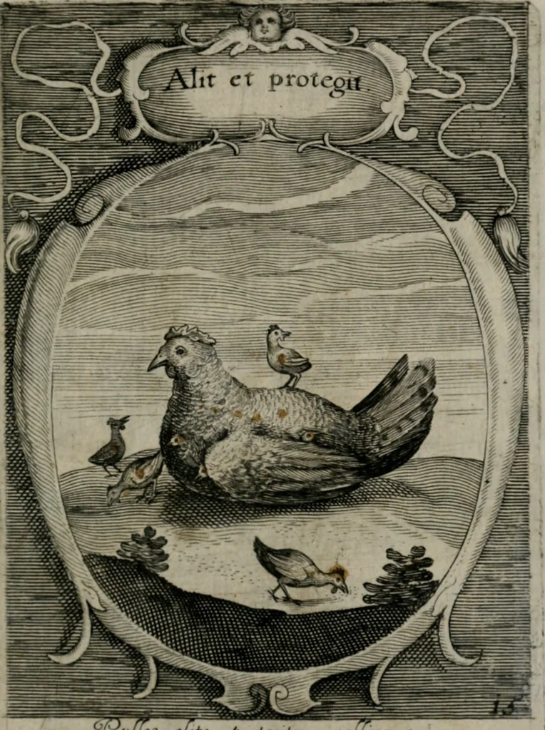 An illustration from Emblemata politica : in aula magna Curiæ Norinbergensis depicta : quæ sacra virtutum suggerunt monita prudenter administrandi fortiterque defendendi rempublicam, 1617, leaf 48