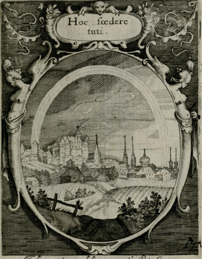 An illustration from Emblemata politica : in aula magna Curiæ Norinbergensis depicta : quæ sacra virtutum suggerunt monita prudenter administrandi fortiterque defendendi rempublicam, 1617, leaf 52