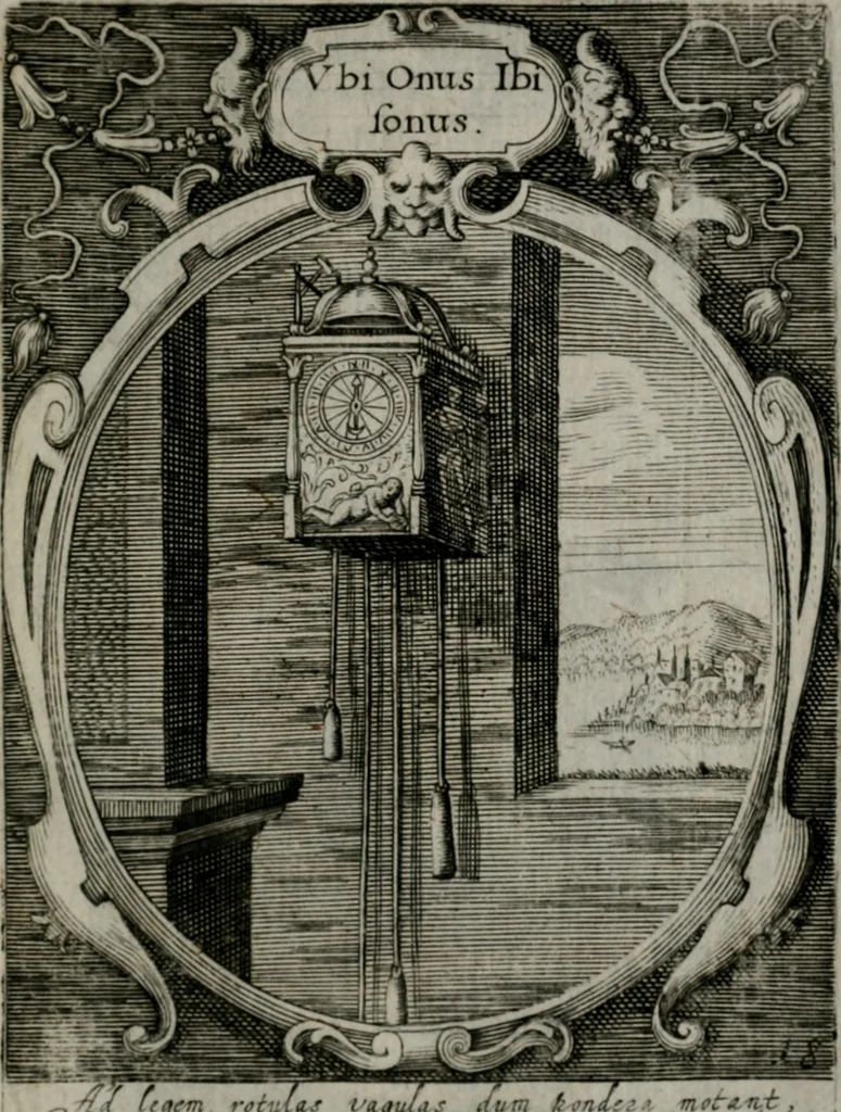 An illustration from Emblemata politica : in aula magna Curiæ Norinbergensis depicta : quæ sacra virtutum suggerunt monita prudenter administrandi fortiterque defendendi rempublicam, 1617, leaf 54