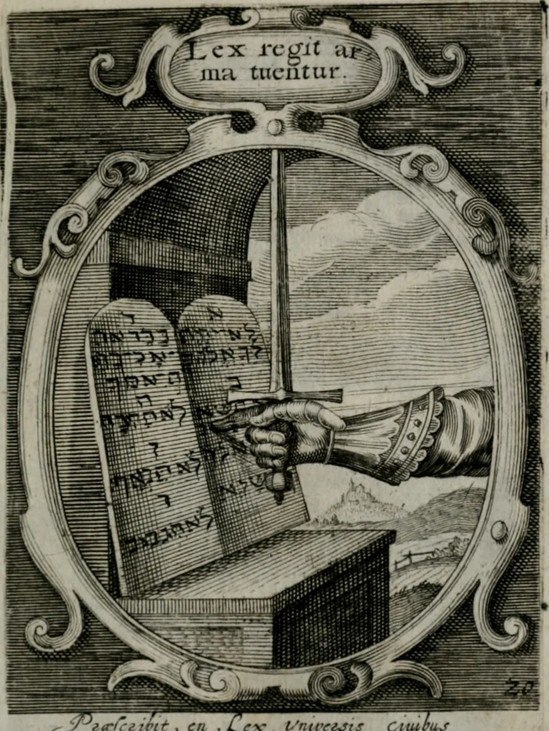 An illustration from Emblemata politica : in aula magna Curiæ Norinbergensis depicta : quæ sacra virtutum suggerunt monita prudenter administrandi fortiterque defendendi rempublicam, 1617, leaf 58