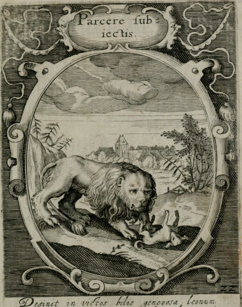 An illustration from Emblemata politica : in aula magna Curiæ Norinbergensis depicta : quæ sacra virtutum suggerunt monita prudenter administrandi fortiterque defendendi rempublicam, 1617, leaf 62