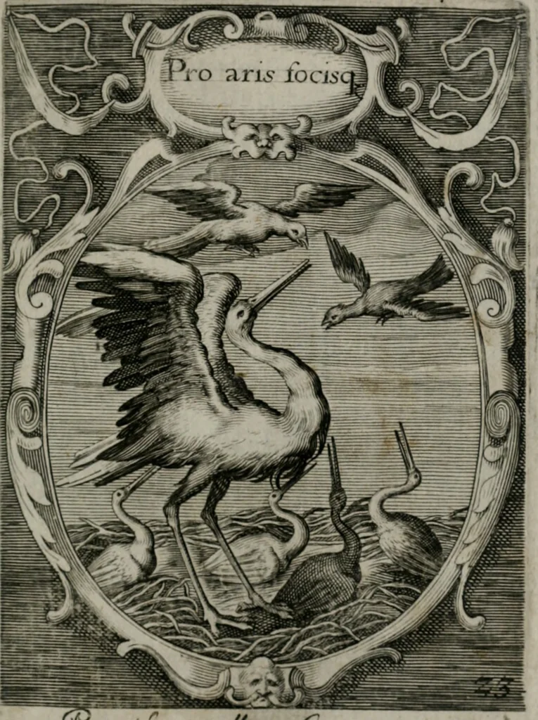 An illustration from Emblemata politica : in aula magna Curiæ Norinbergensis depicta : quæ sacra virtutum suggerunt monita prudenter administrandi fortiterque defendendi rempublicam, 1617, leaf 64