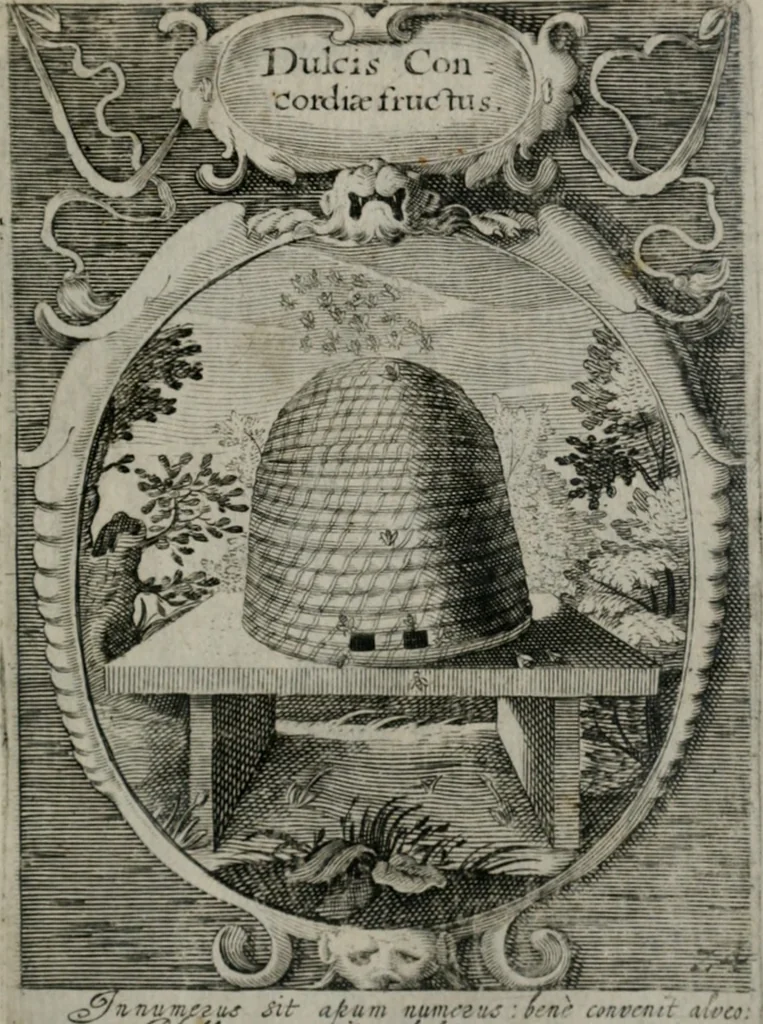 An illustration from Emblemata politica : in aula magna Curiæ Norinbergensis depicta : quæ sacra virtutum suggerunt monita prudenter administrandi fortiterque defendendi rempublicam, 1617, leaf 66