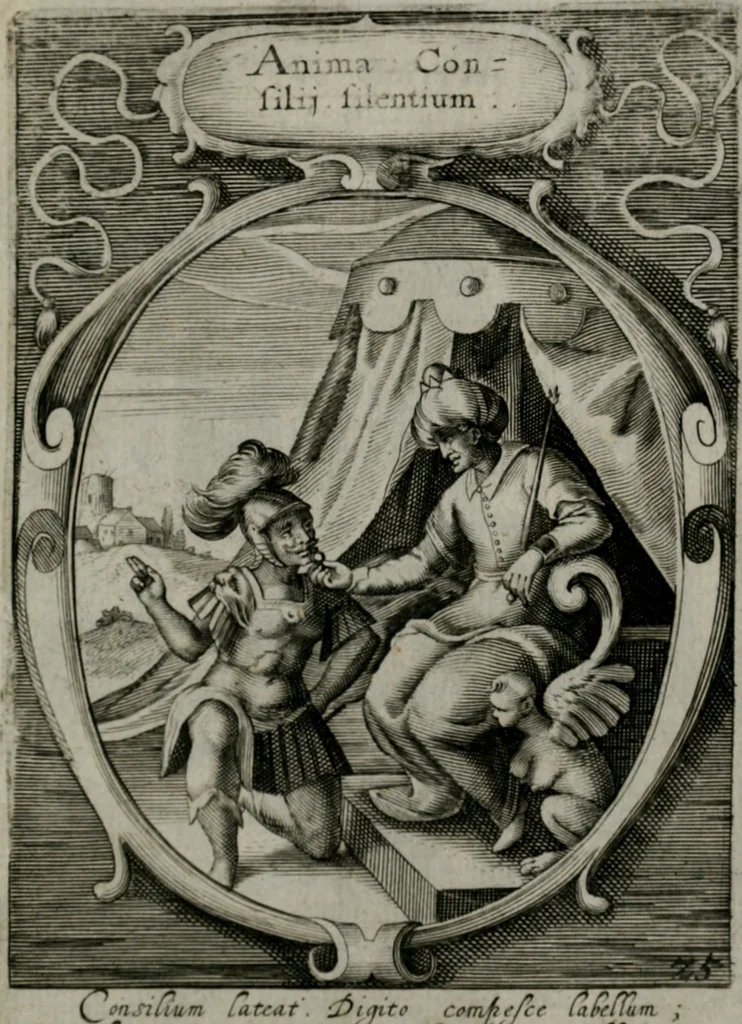 An illustration from Emblemata politica : in aula magna Curiæ Norinbergensis depicta : quæ sacra virtutum suggerunt monita prudenter administrandi fortiterque defendendi rempublicam, 1617, leaf 68